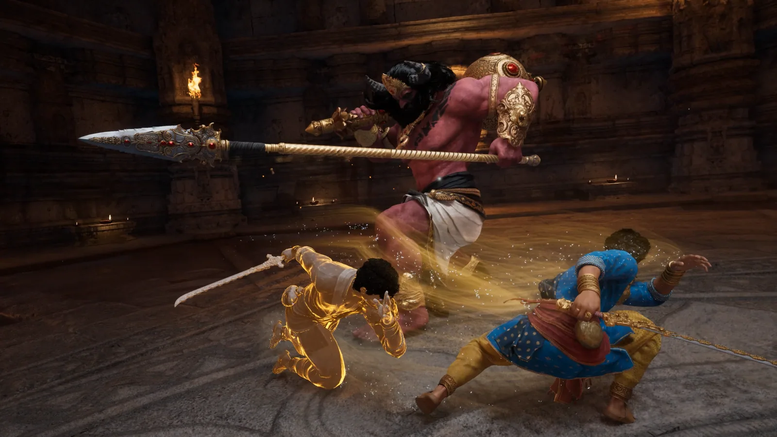 A battle against a towering warrior inside a temple