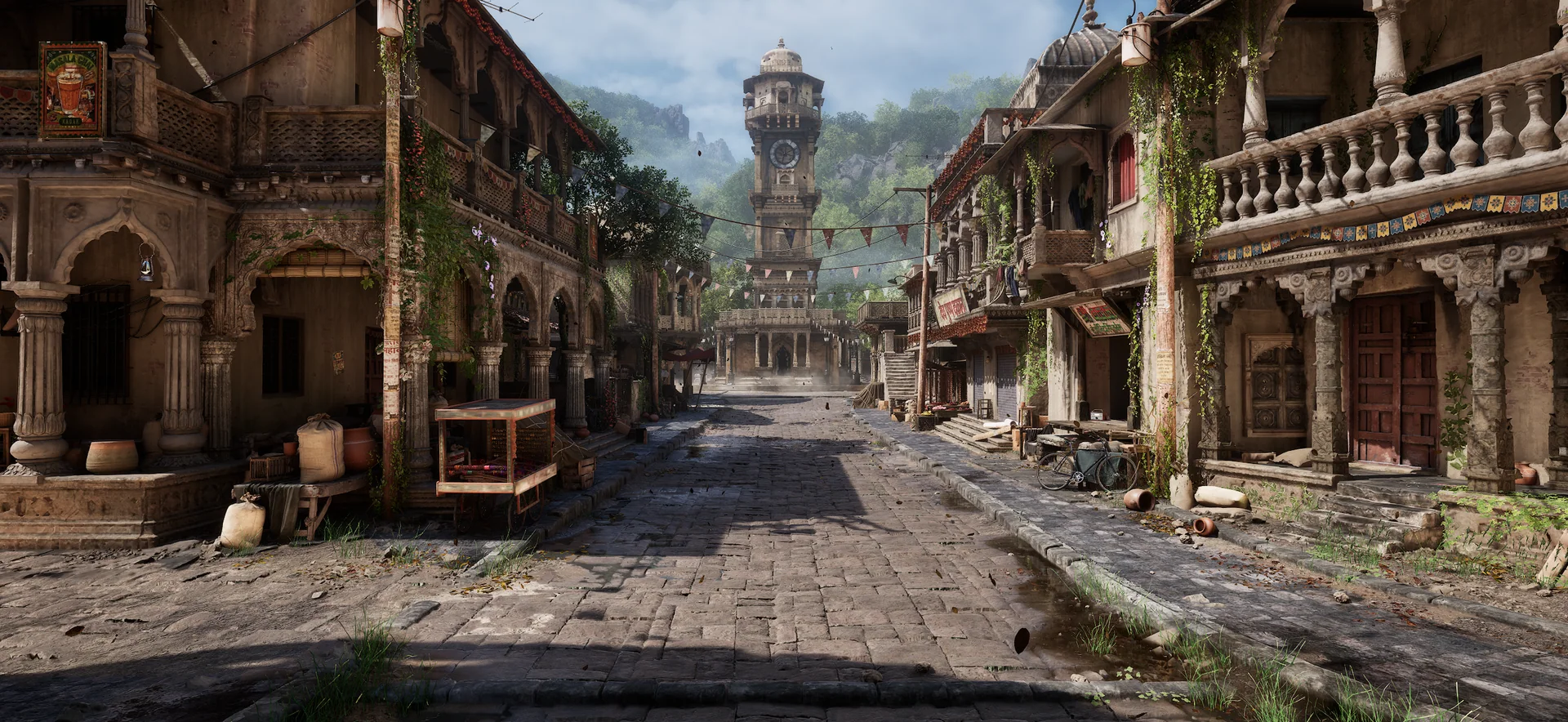 A sunlit street leading toward the clock tower of Vishwapur