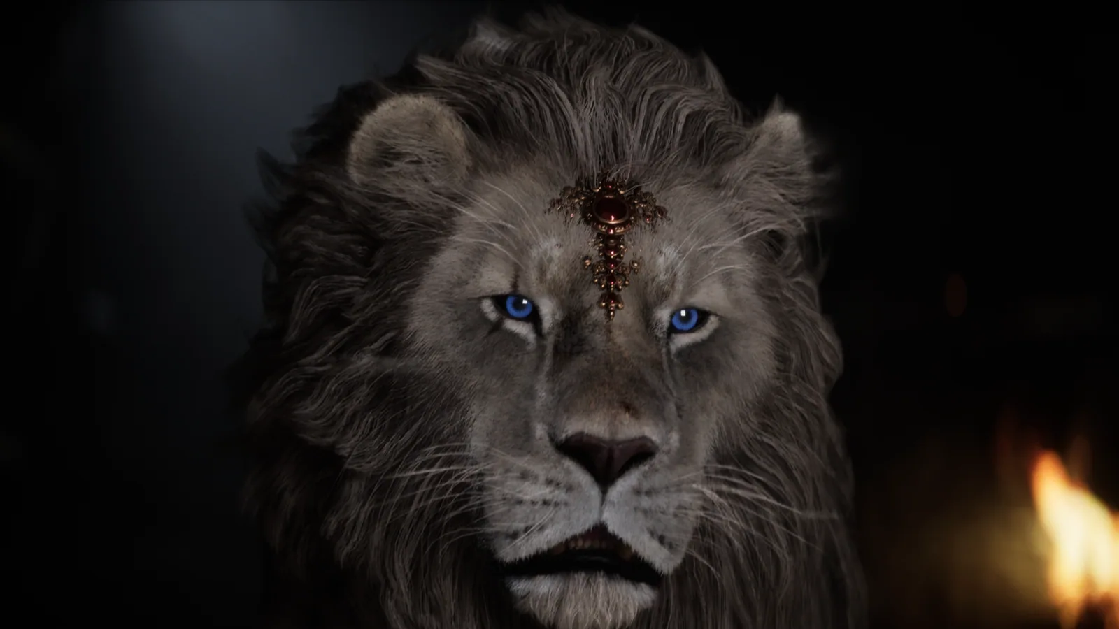 A white lion with luminous blue eyes